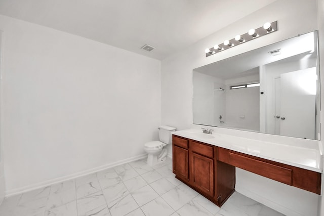 5818 Taylan Ln, Rosenberg, TX 77471 - full bath featuring marble look tiles, toilet, vanity, baseboards, and a shower