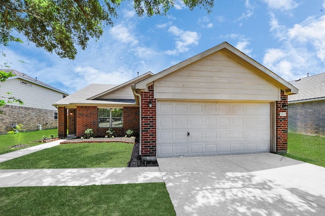 5818 Taylan Ln, Rosenberg, TX 77471 - ranch-style house with brick siding, an attached garage, a front yard, and concrete driveway