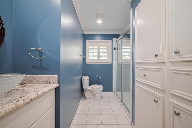 9647 Winsome Ln, Houston, TX 77063 - full bath featuring vanity, a stall shower, toilet, baseboards, and crown molding