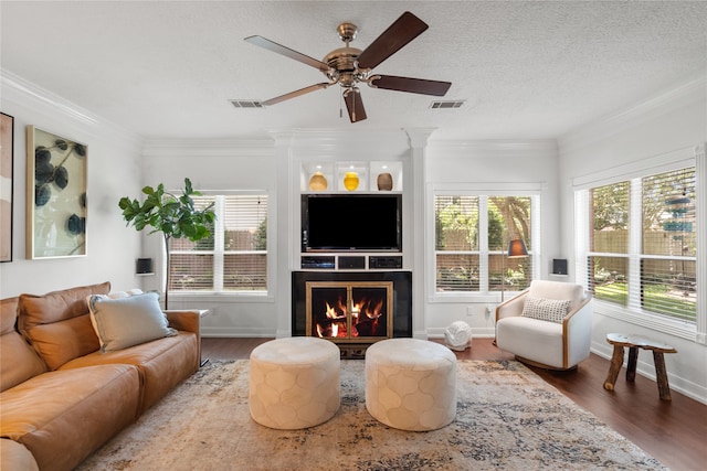 15106 Cranbourne Dr, Houston, TX 77062 - living room featuring healthy amount of natural light, wood finished floors, a ceiling fan, crown molding, and baseboards