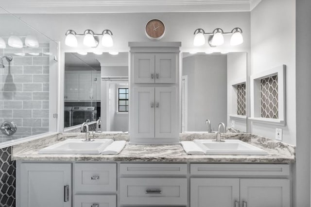 15106 Cranbourne Dr, Houston, TX 77062 - full bathroom featuring crown molding, a tile shower, and double vanity