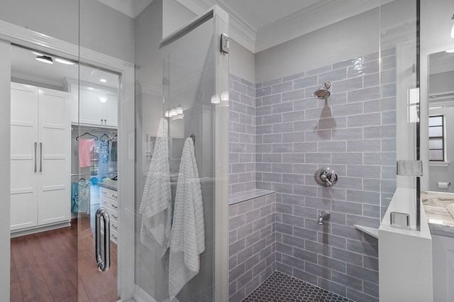 15106 Cranbourne Dr, Houston, TX 77062 - full bath with crown molding, a shower stall, and wood finished floors