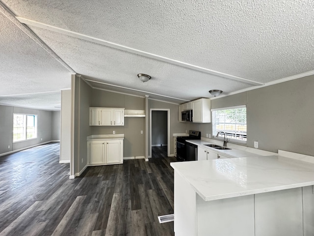 18549 Indigo Way, Porter, TX 77365 - kitchen with a sink, stainless steel microwave, range, a peninsula, and white cabinetry