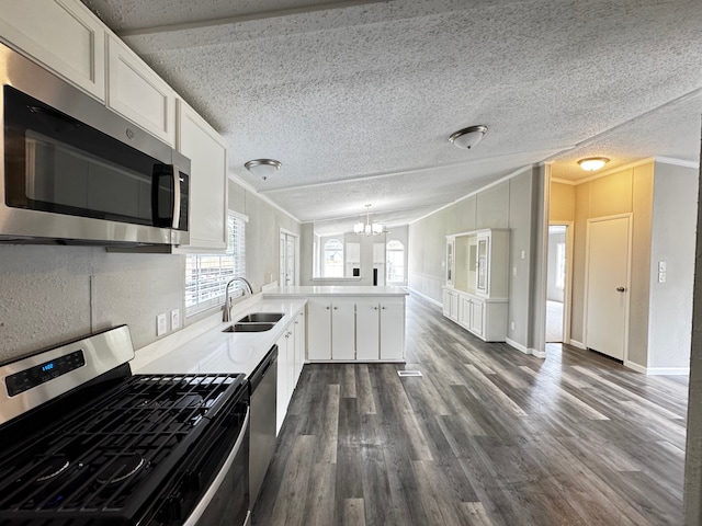 18549 Indigo Way, Porter, TX 77365 - kitchen featuring appliances with stainless steel finishes, a peninsula, crown molding, dark wood-style flooring, and a sink