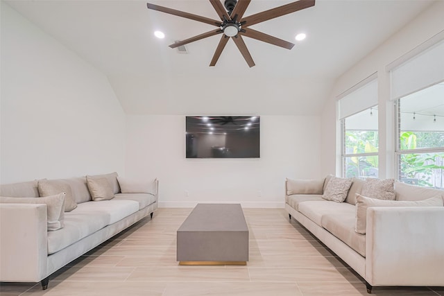 11316 Misty Morning St, Pearland, TX 77584 - living area with vaulted ceiling, ceiling fan, recessed lighting, and baseboards