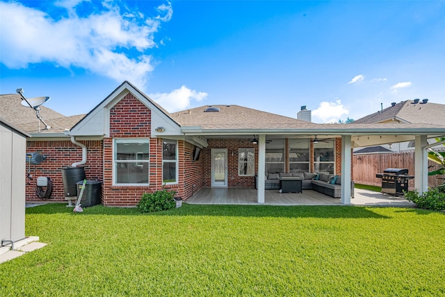 11316 Misty Morning St, Pearland, TX 77584 - back of property featuring outdoor lounge area, brick siding, a patio, and ceiling fan