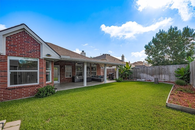 11316 Misty Morning St, Pearland, TX 77584 - rear view of property with an outdoor hangout area, a ceiling fan, brick siding, a patio, and a chimney