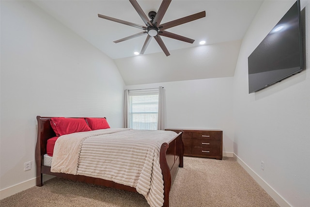 11316 Misty Morning St, Pearland, TX 77584 - bedroom with lofted ceiling, light colored carpet, a ceiling fan, baseboards, and recessed lighting
