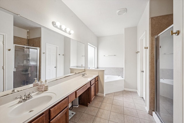5206 Spring Oak Dr, Pasadena, TX 77505 - full bathroom with a shower stall, tile patterned flooring, a bath, and double vanity