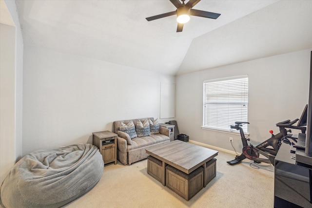 5206 Spring Oak Dr, Pasadena, TX 77505 - living room with a ceiling fan, light colored carpet, baseboards, and vaulted ceiling