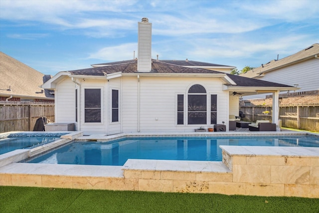 5206 Spring Oak Dr, Pasadena, TX 77505 - view of pool with a fenced backyard, an outdoor living space, a pool with connected hot tub, and ceiling fan