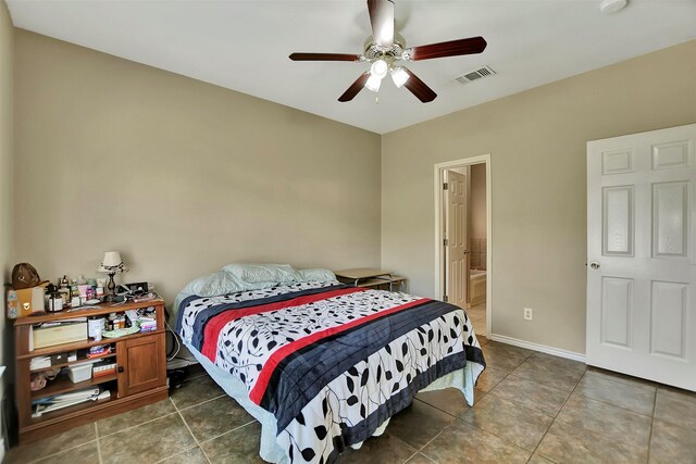 34606 Lake Side Dr, Brookshire, TX 77423 - tiled bedroom with a ceiling fan, connected bathroom, and baseboards