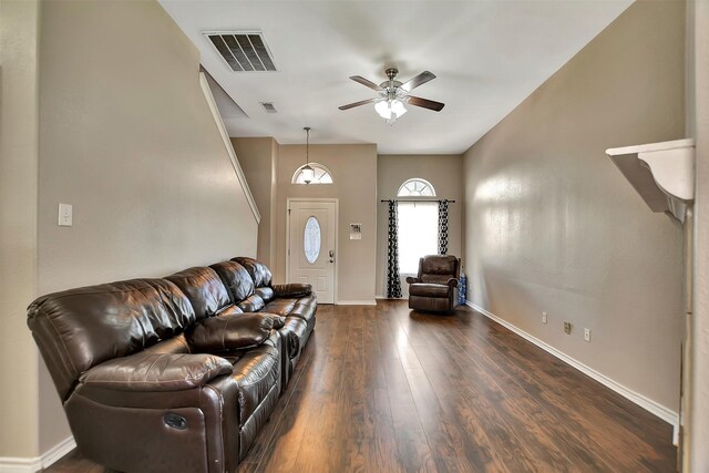 34606 Lake Side Dr, Brookshire, TX 77423 - living room featuring ceiling fan, dark wood-style flooring, and baseboards