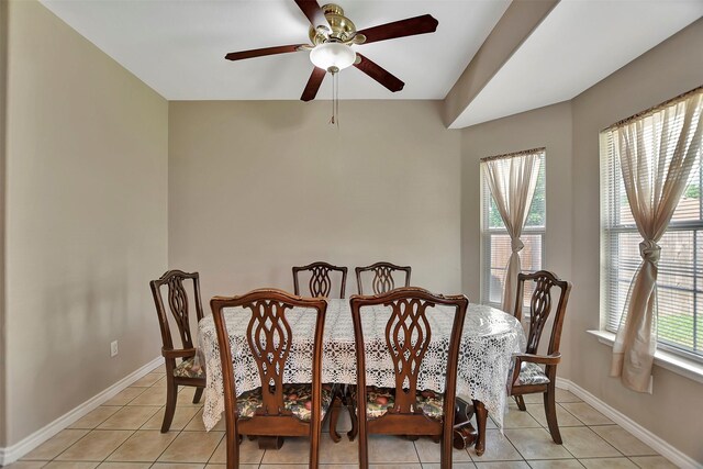 34606 Lake Side Dr, Brookshire, TX 77423 - dining room featuring a ceiling fan, baseboards, and light tile patterned flooring