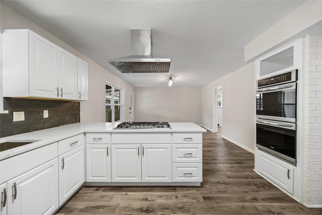 kitchen featuring ventilation hood, appliances with stainless steel finishes, a peninsula, decorative backsplash, and dark wood-style flooring