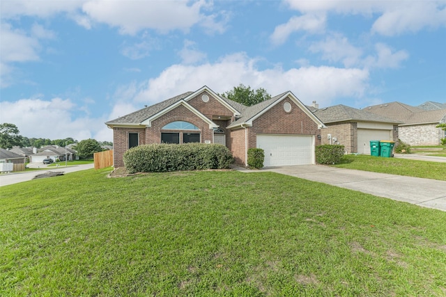 2212 Highland Crossing Dr, Conroe, TX 77304 - view of front facade with brick siding, an attached garage, concrete driveway, a front lawn, and roof with shingles