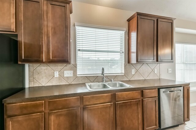 2212 Highland Crossing Dr, Conroe, TX 77304 - kitchen featuring dishwasher, a sink, dark countertops, and backsplash