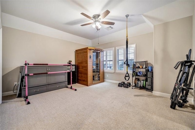 10210 Grape Creek Grove Ln, Cypress, TX 77433 - exercise area with carpet, ceiling fan, and baseboards