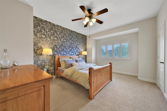 5714 Spring River Ln, Fulshear, TX 77441 - bedroom featuring wallpapered walls, light colored carpet, baseboards, and ceiling fan