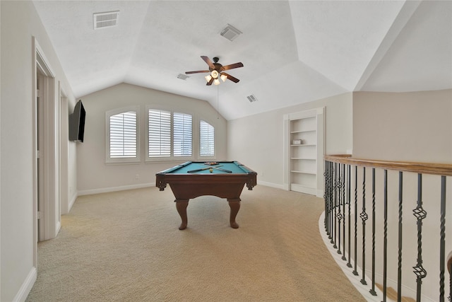 5714 Spring River Ln, Fulshear, TX 77441 - rec room with baseboards, ceiling fan, vaulted ceiling, carpet flooring, and billiards