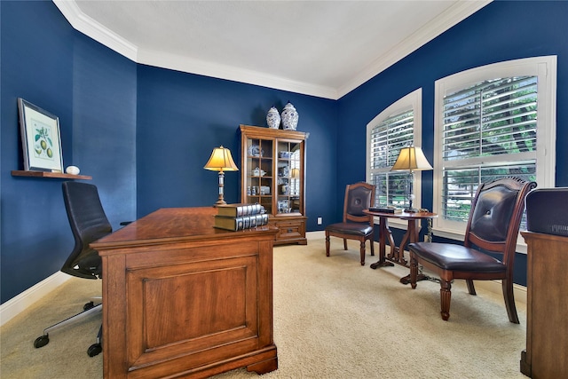 5714 Spring River Ln, Fulshear, TX 77441 - carpeted home office featuring ornamental molding and baseboards