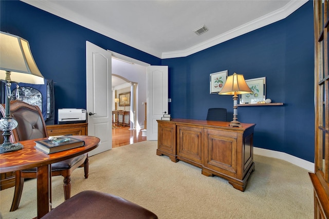 5714 Spring River Ln, Fulshear, TX 77441 - office area featuring arched walkways, carpet floors, crown molding, baseboards, and decorative columns