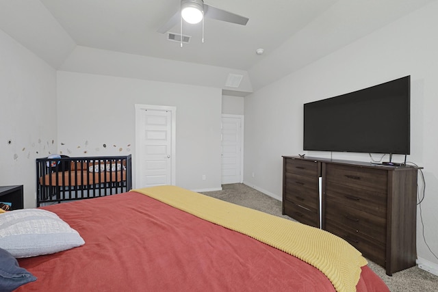 bedroom with carpet, baseboards, lofted ceiling, and a ceiling fan