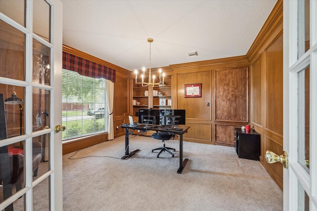 1602 Kelliwood Oaks Dr, Katy, TX 77450 - home office featuring crown molding, carpet floors, french doors, a chandelier, and built in features