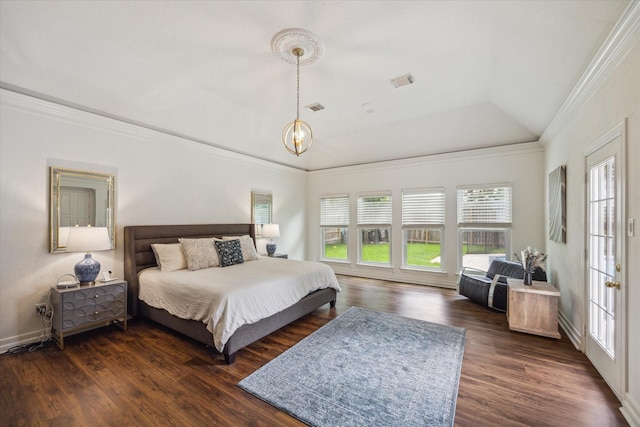 1602 Kelliwood Oaks Dr, Katy, TX 77450 - bedroom featuring multiple windows, crown molding, vaulted ceiling, dark wood-style floors, and a chandelier