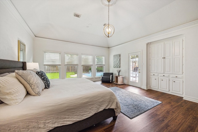 1602 Kelliwood Oaks Dr, Katy, TX 77450 - bedroom with multiple windows, a chandelier, dark wood-style floors, access to outside, and ornamental molding