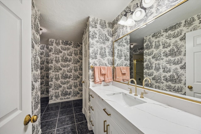 1602 Kelliwood Oaks Dr, Katy, TX 77450 - full bath featuring a stall shower, wallpapered walls, vanity, and tile patterned floors