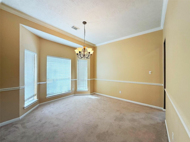 16322 E Amber Willow Trl, Cypress, TX 77433 - carpeted empty room featuring crown molding, a chandelier, baseboards, and a textured ceiling