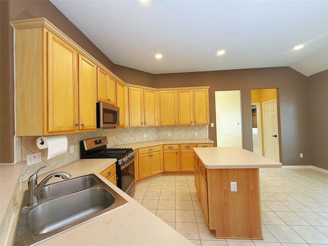 16322 E Amber Willow Trl, Cypress, TX 77433 - kitchen with stainless steel appliances, a sink, a kitchen island, light tile patterned flooring, and decorative backsplash
