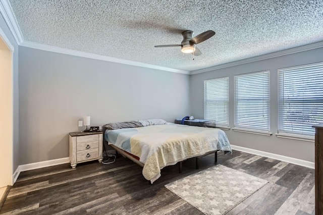 15335 Poplar Grove Dr, Houston, TX 77068 - bedroom featuring a textured ceiling, ornamental molding, dark wood finished floors, multiple windows, and ceiling fan