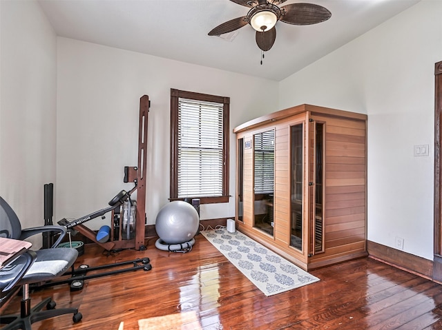 1515 24th St, Galveston, TX 77550 - workout area with hardwood / wood-style flooring, a ceiling fan, and baseboards