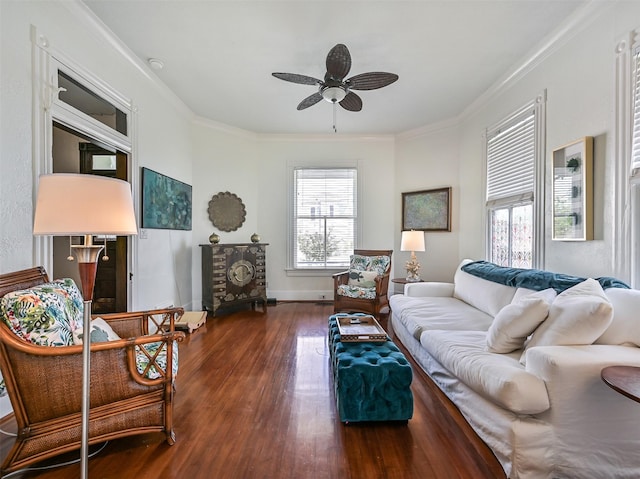 1515 24th St, Galveston, TX 77550 - living area featuring wood finished floors, ceiling fan, crown molding, and baseboards
