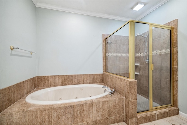 bathroom with crown molding, a stall shower, a tub with jets, and tile patterned flooring