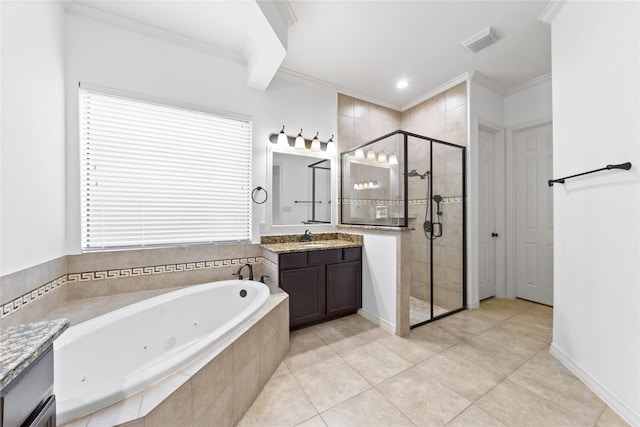 17803 Paint Bluff Ln, Cypress, TX 77433 - full bath with a shower stall, a tub with jets, crown molding, tile patterned flooring, and vanity