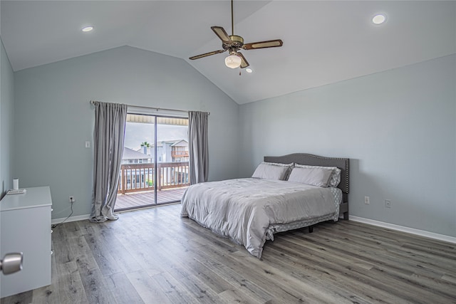 301 Commander Dr, Tiki Island, TX 77554 - bedroom featuring access to exterior, lofted ceiling, wood finished floors, baseboards, and a ceiling fan