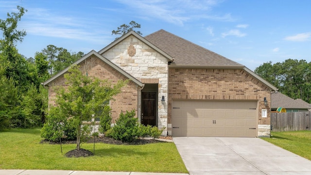 french country style house with an attached garage, driveway, stone siding, brick siding, and a shingled roof