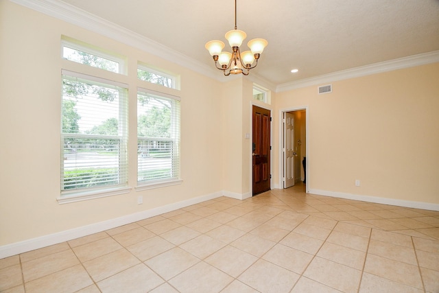 1307 Remington Crest Dr, Houston, TX 77094 - spare room featuring ornamental molding, light tile patterned floors, a chandelier, baseboards, and recessed lighting