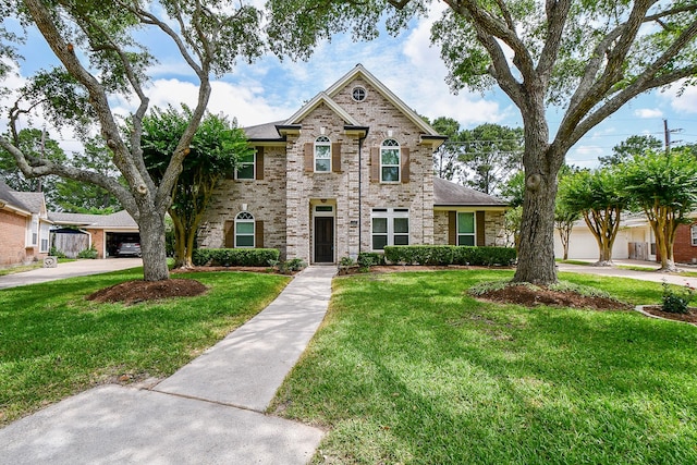 1307 Remington Crest Dr, Houston, TX 77094 - traditional-style home with a front yard, brick siding, and a garage