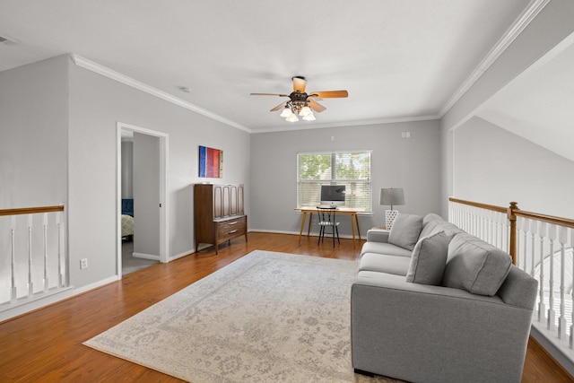 12002 Iris Canyon Dr, Tomball, TX 77377 - living area with ceiling fan, an office area, wood finished floors, and ornamental molding