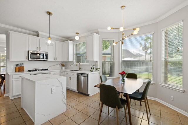 12002 Iris Canyon Dr, Tomball, TX 77377 - kitchen featuring stainless steel appliances, a sink, healthy amount of natural light, ornamental molding, and light tile patterned flooring