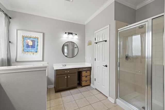 12002 Iris Canyon Dr, Tomball, TX 77377 - full bath featuring a stall shower, tile patterned floors, crown molding, vanity, and baseboards
