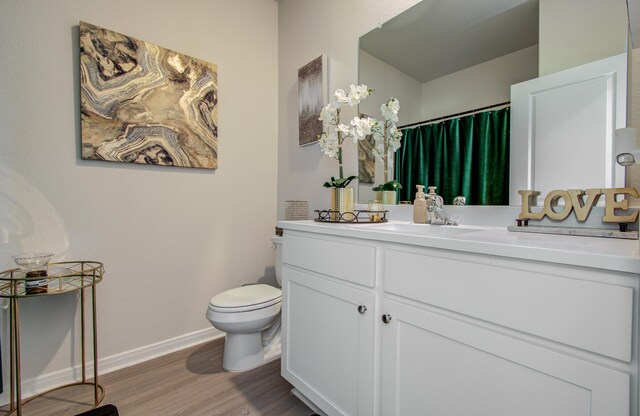 3121 Freeboard Dr, Texas City, TX 77510 - bathroom with toilet, vanity, wood finished floors, baseboards, and curtained shower