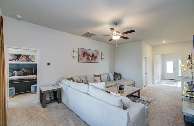 3121 Freeboard Dr, Texas City, TX 77510 - living area with light colored carpet, a ceiling fan, and recessed lighting
