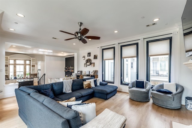 1652 Norfolk St Unit A, Houston, TX 77006 - living area featuring recessed lighting, crown molding, ceiling fan, and light wood-type flooring