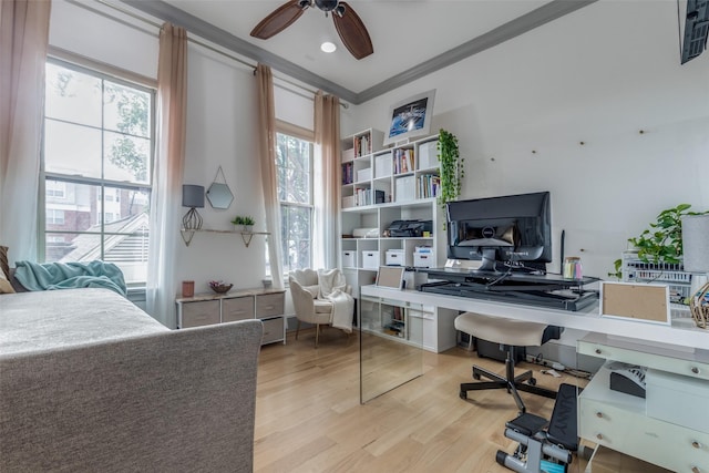 1652 Norfolk St Unit A, Houston, TX 77006 - office space featuring ornamental molding, light wood-style flooring, and a ceiling fan