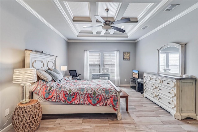 bedroom featuring coffered ceiling, crown molding, baseboards, beam ceiling, and light wood-style flooring